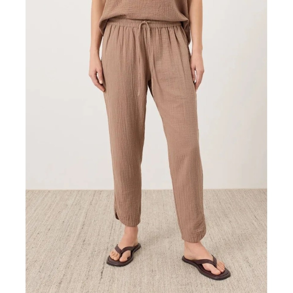 Pact Organic Coastal Double Gauze Tapered Pull-On Pant Driftwood Brown Small EUC